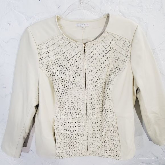 Isaac Mizrahi Live laser cut leather zip up jacket coat  cream yellow  Medium - Picture 6 of 15